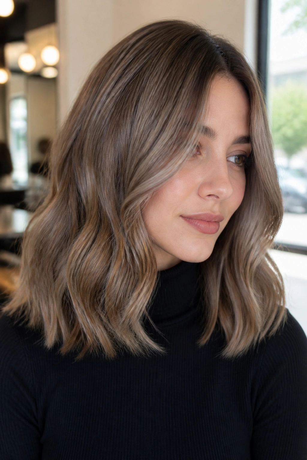 Close-up of a real person with mushroom brown balayage in cool taupe-ash tones under window light