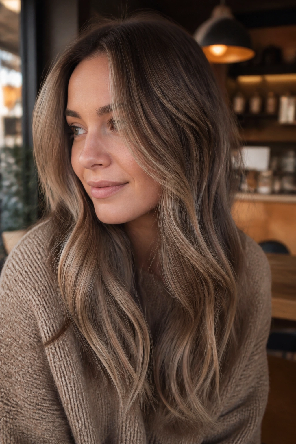 Close-up portrait of brunette with mushroom brown balayage in beige-taupe tones and smoky depth.
