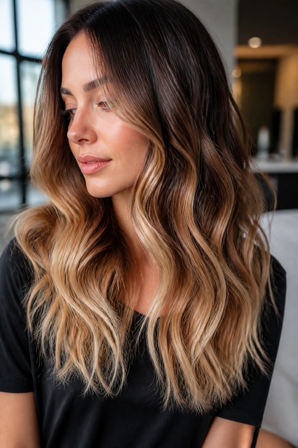 Close-up of real woman with balayage-ombre hybrid and soft dimension