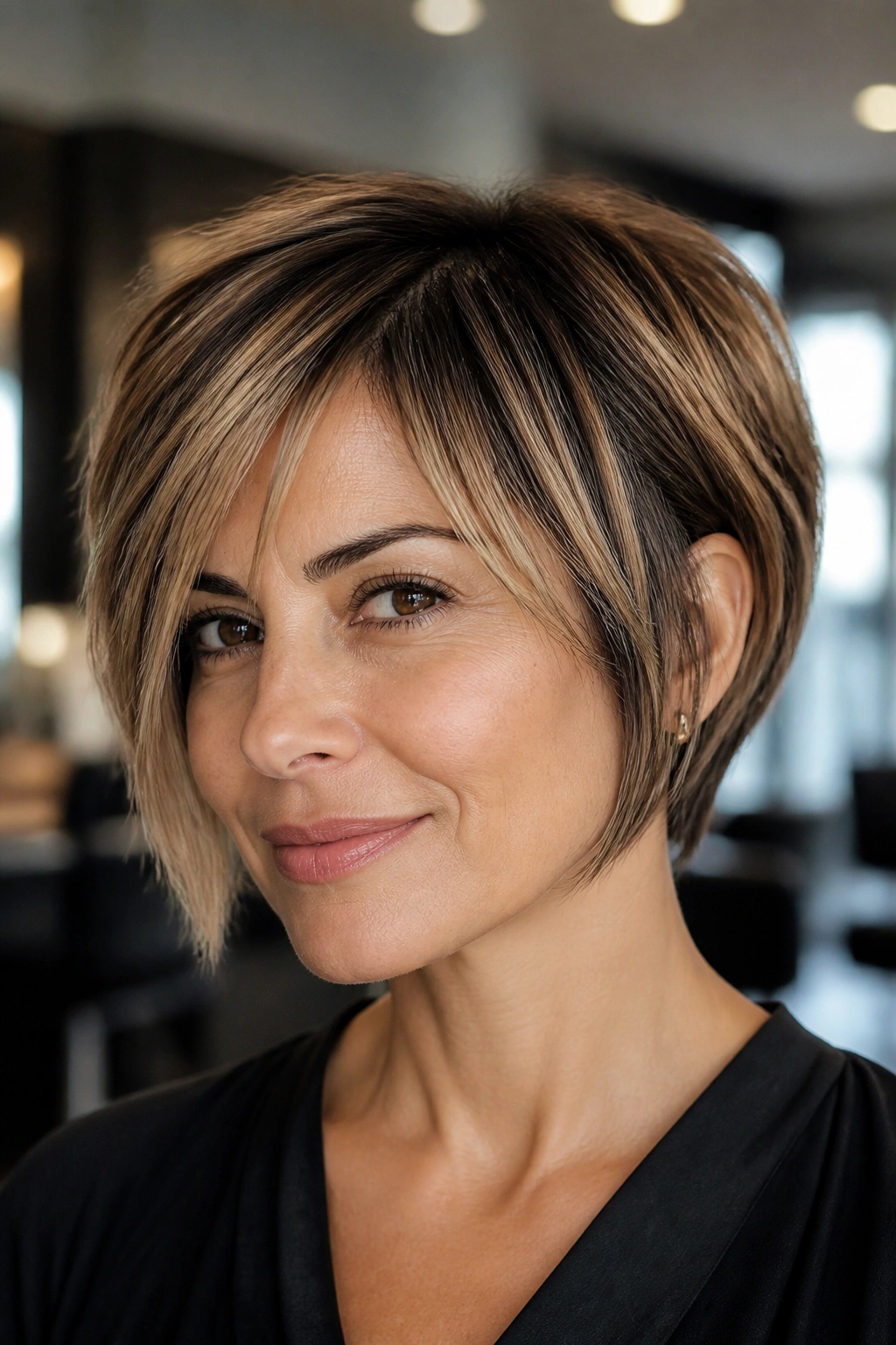 Close-up of a real woman with balayage long pixie bob showing dimensional color