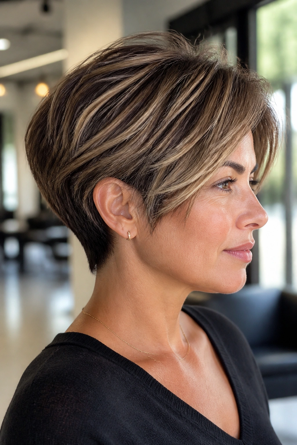 Close-up portrait of a real woman with a vanilla-coffee balayage pixie bob and soft fringe