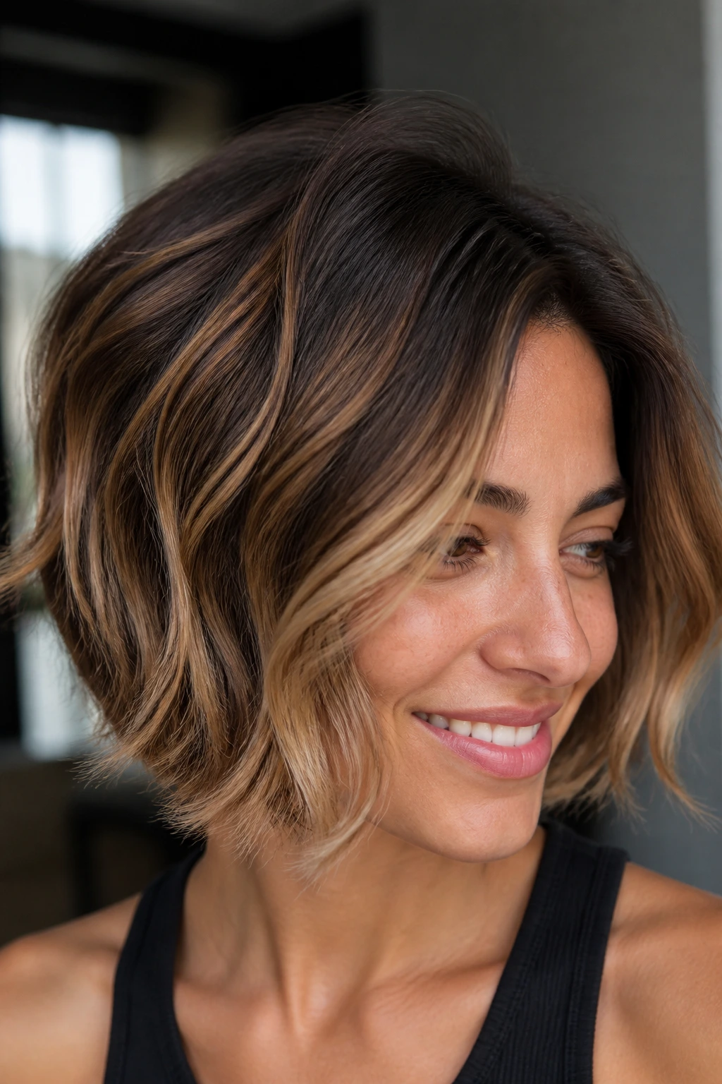 Close-up of short hair with caramel balayage and soft root melt