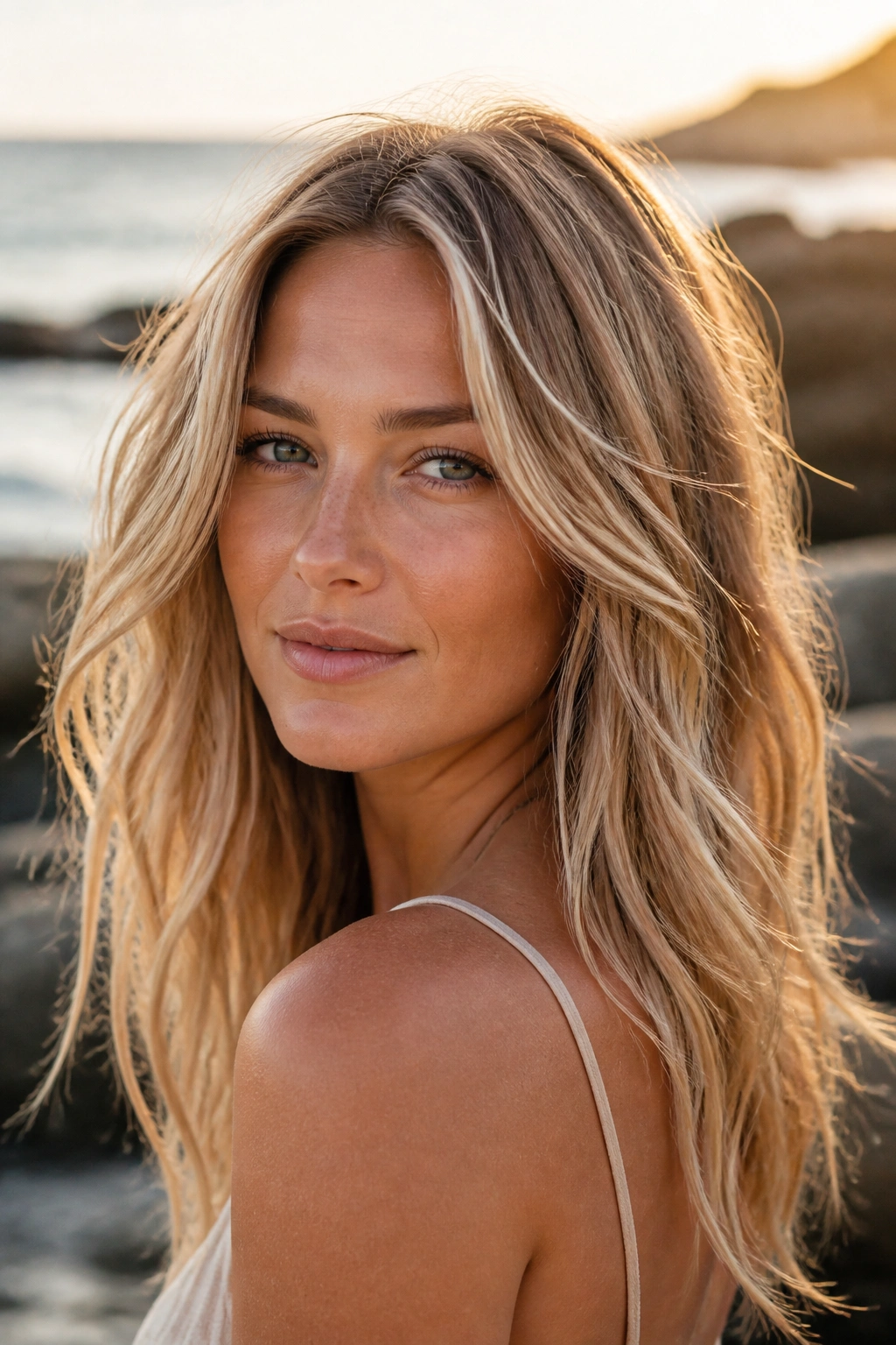 Close-up sandy beige balayage on dirty blonde base hair