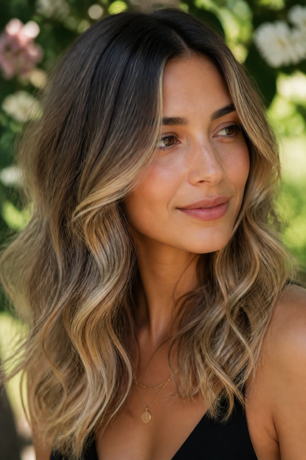 Close-up of brunette with sandy blonde balayage in a sunlit outdoor setting