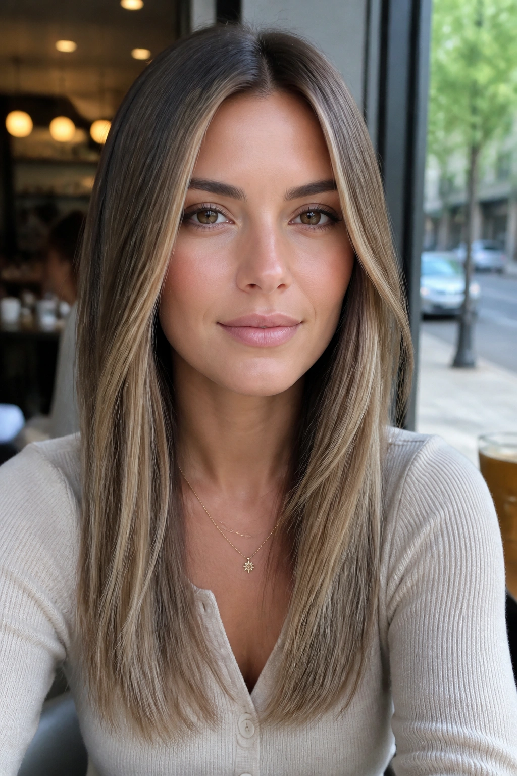 Close-up of sandy brunette balayage on straight hair in natural light.