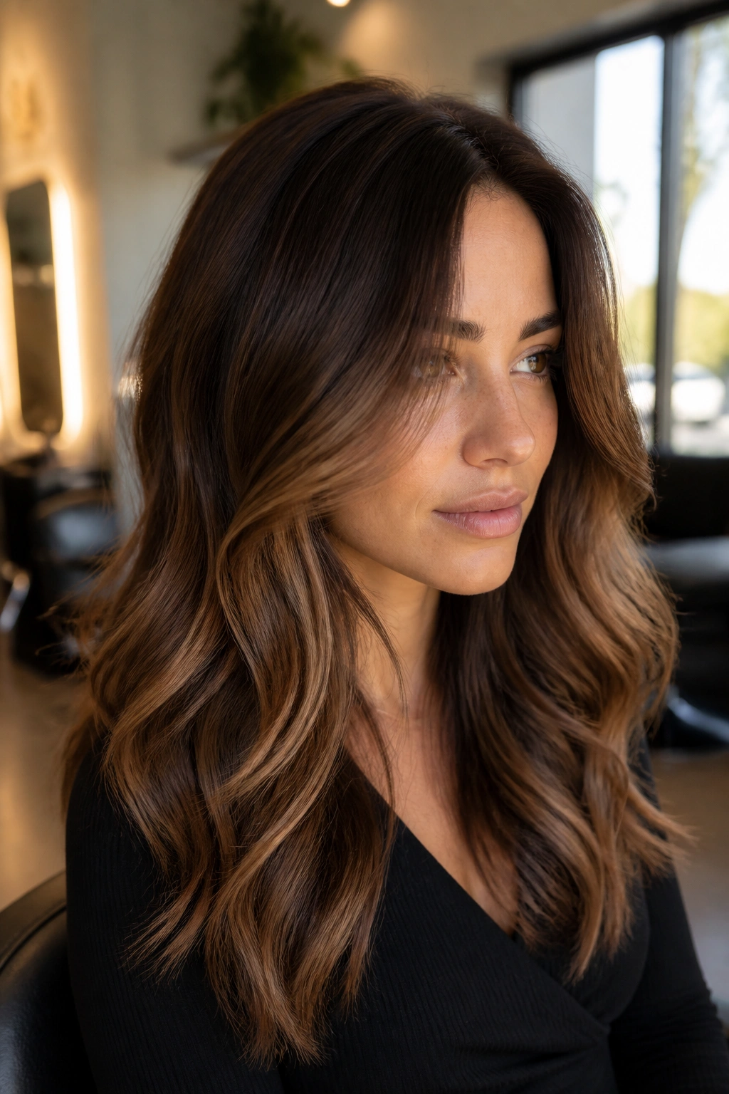 Brunette with chestnut balayage and shadow root close-up