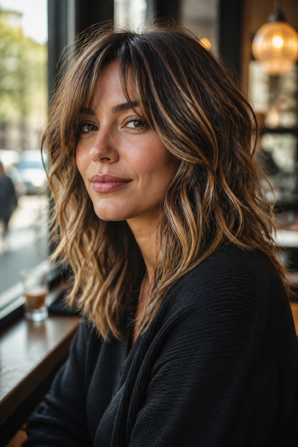 Close-up portrait of a woman with wavy balayage shag hairstyle.
