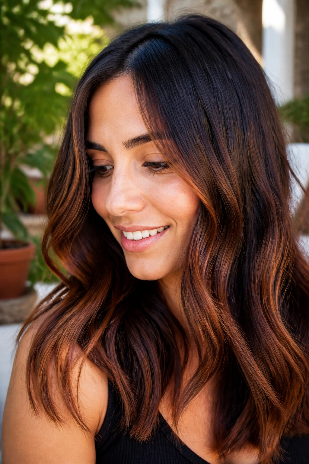 Close-up of soft auburn balayage on dark hair in natural light.