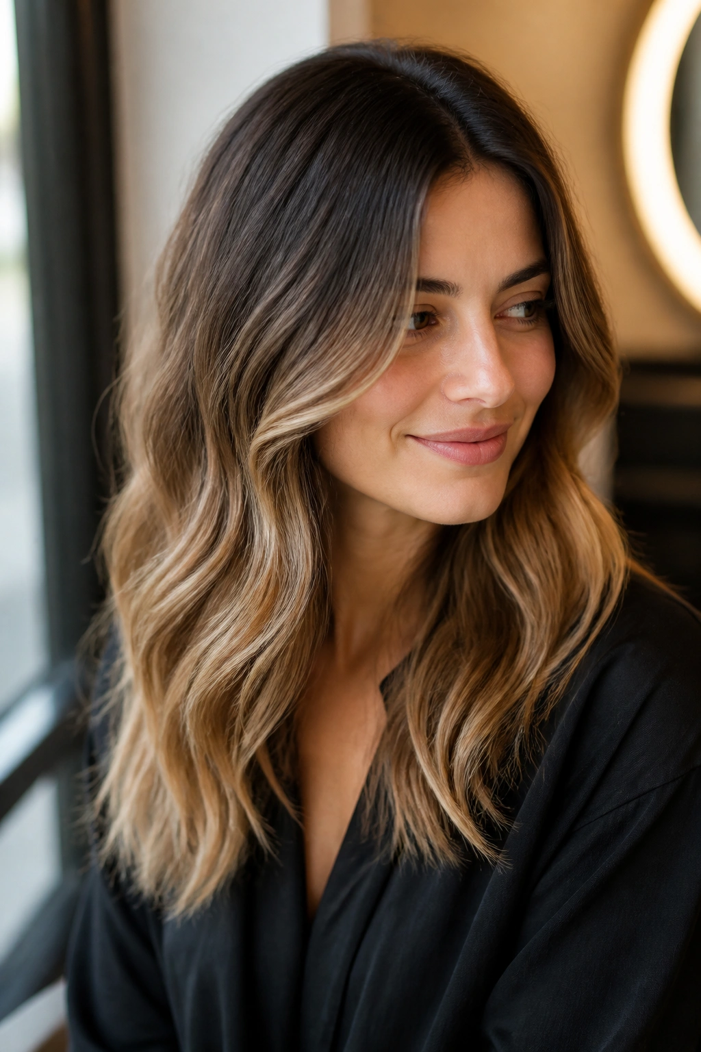 Close-up of a real woman with soft balayage starting below the root, sun-kissed ends
