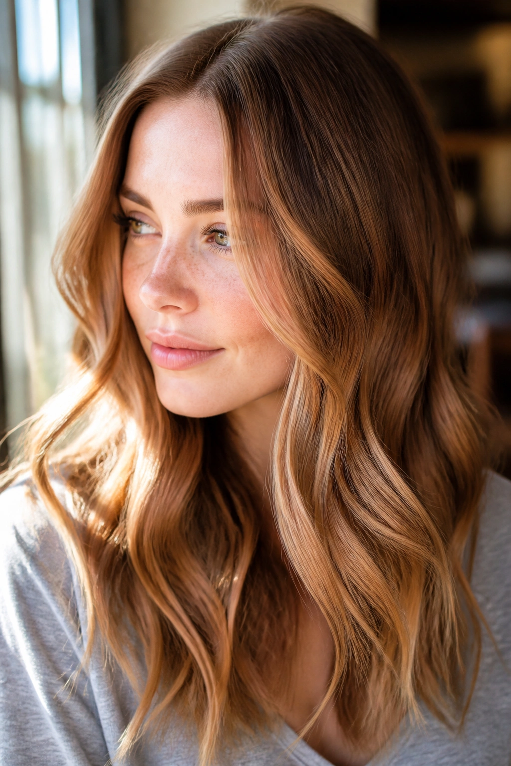 Close-up of a real woman with light brown hair featuring strawberry blonde balayage and soft waves