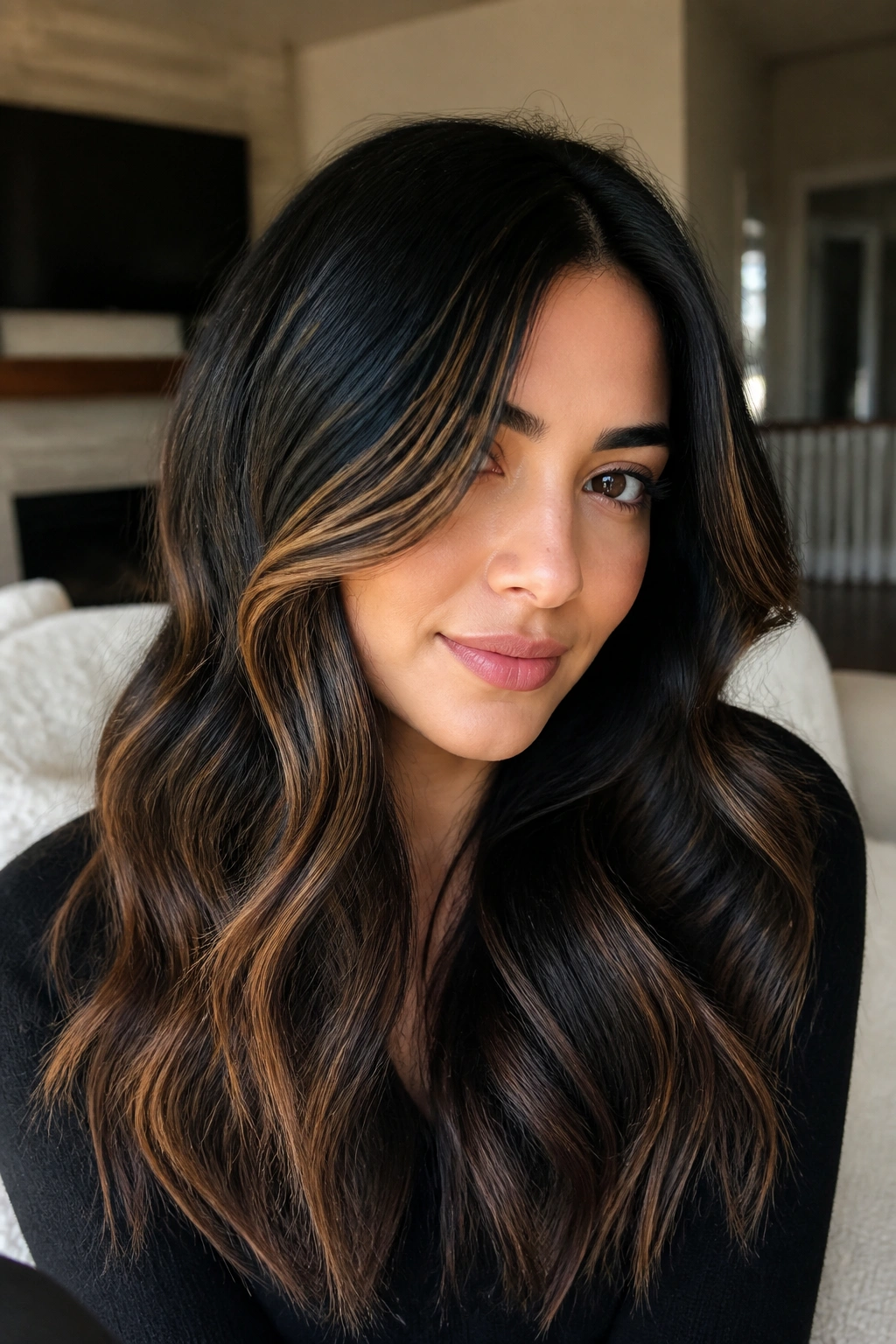 Close-up toffee balayage on black hair with caramel highlights