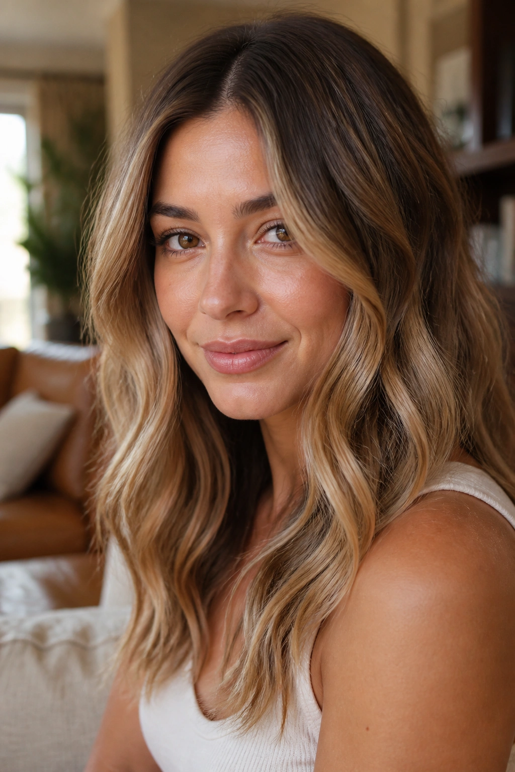 Close-up of vanilla cream balayage on medium brown hair in natural light.