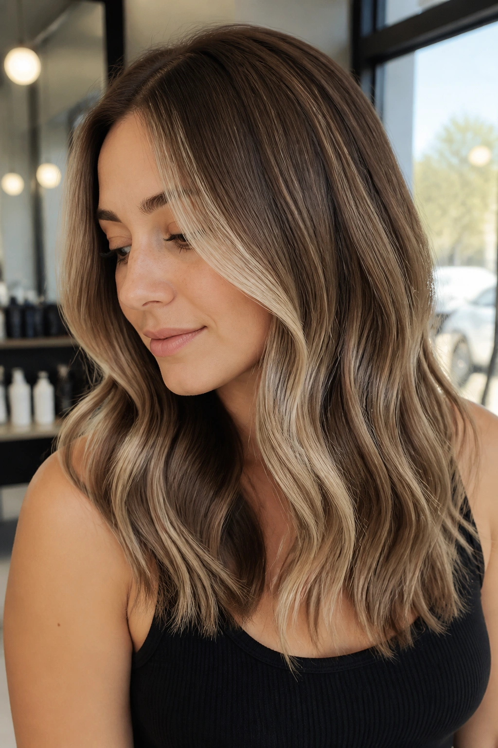 Close-up vanilla cream balayage on medium brown hair