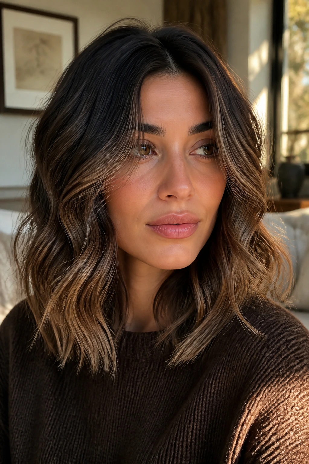Close-up of a real woman with espresso-to-milk chocolate balayage on shoulder-length wavy hair.
