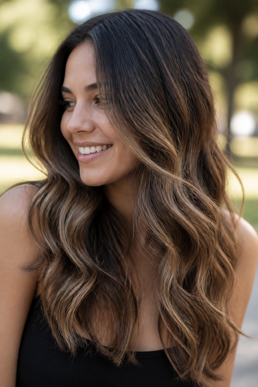 Portrait of a real woman with dark brown roots and soft caramel balayage in waves.