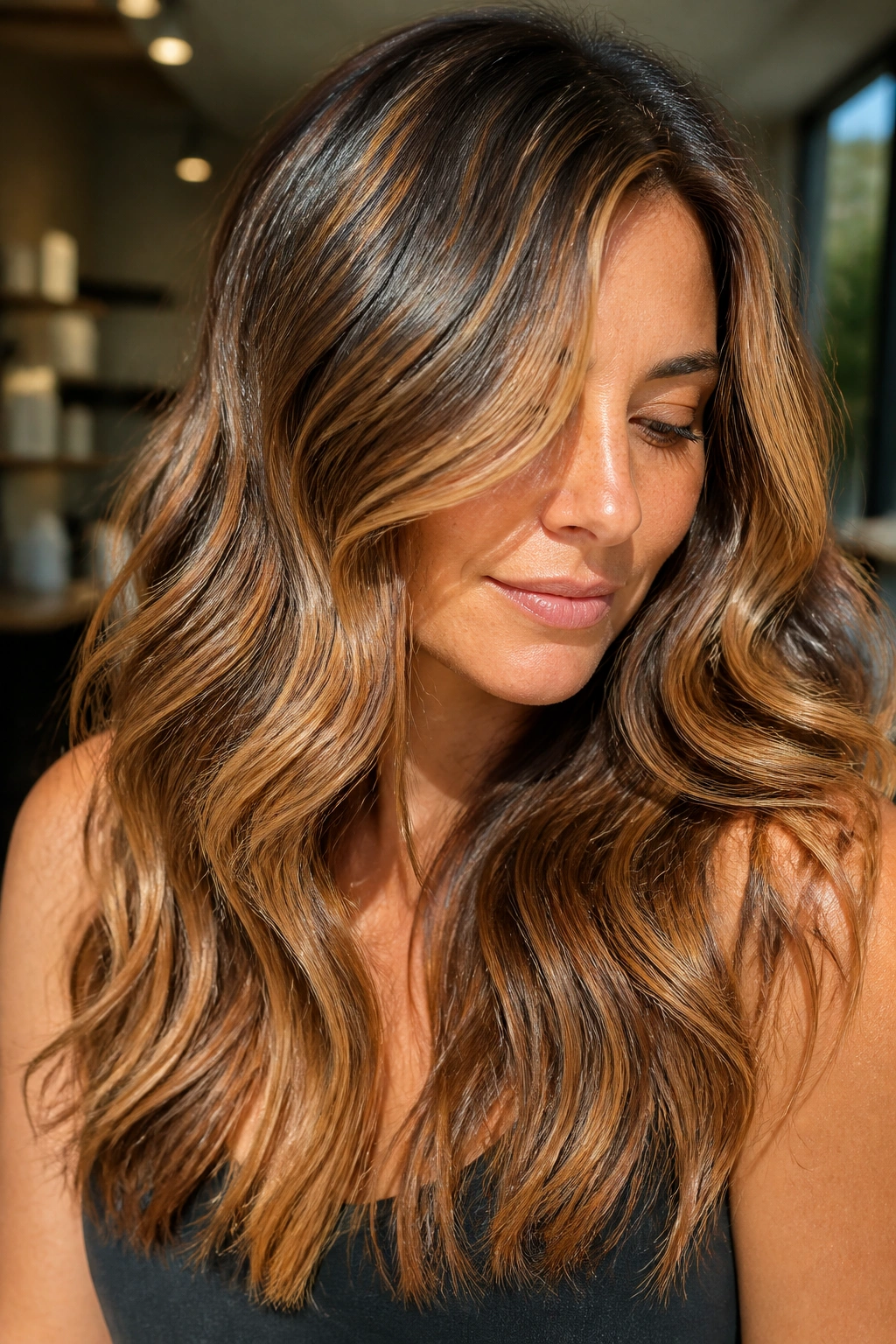 Close-up portrait of a real woman with sunlit caramel balayage on wavy hair.
