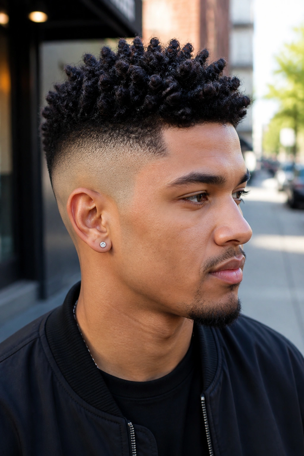 Head-and-shoulders shot of a man with a bald fade and sponge twists on top.