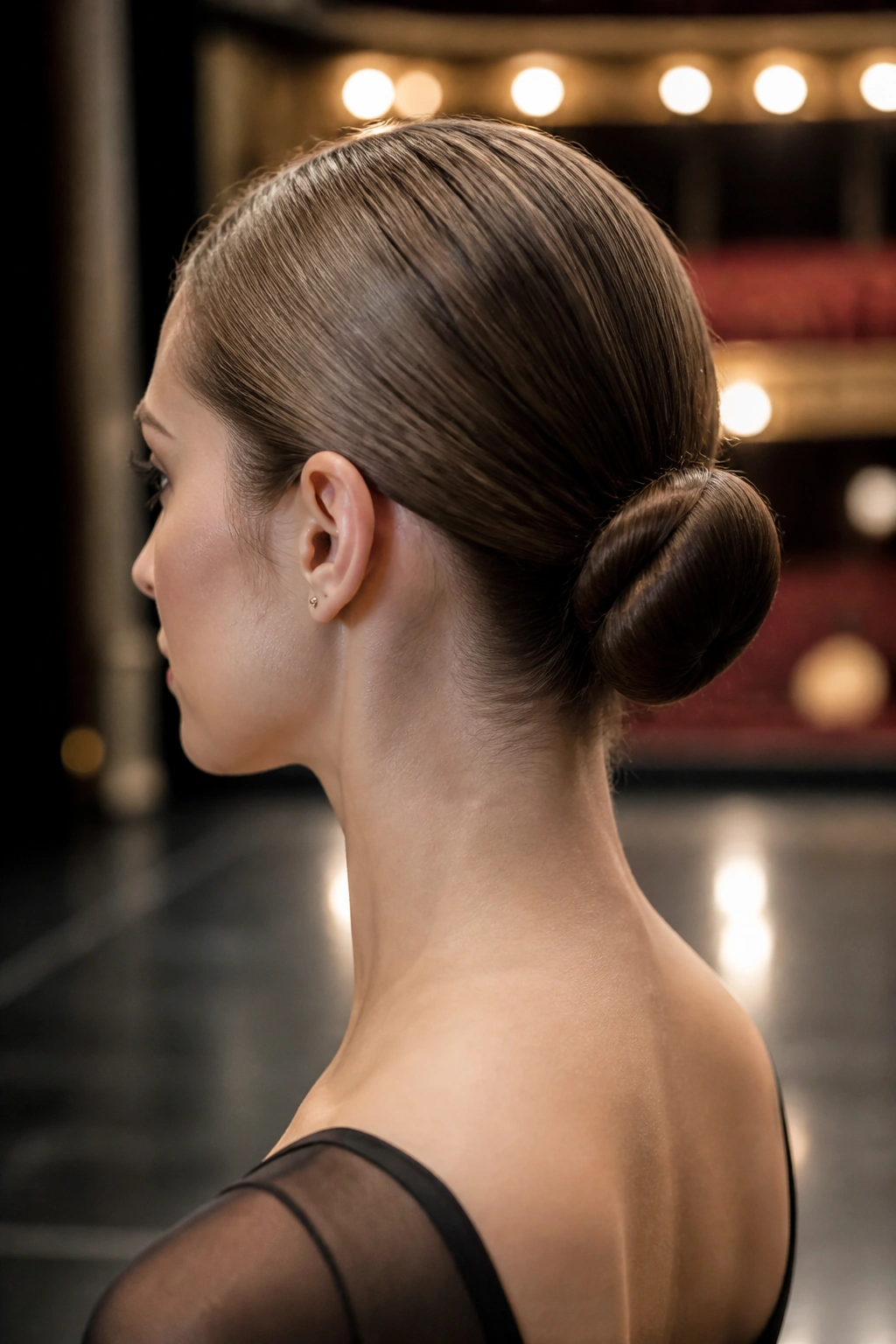 Close-up of a woman with a ballet-inspired low bun at the nape