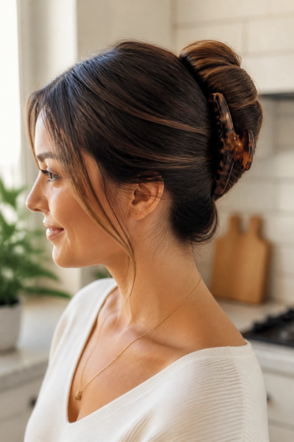 Close-up of a real woman with a banana clip twist hairstyle.