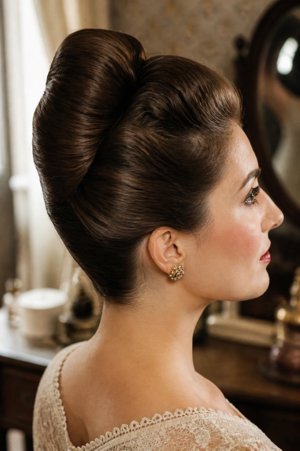 Profile portrait of a woman with a banana roll updo in vintage lighting