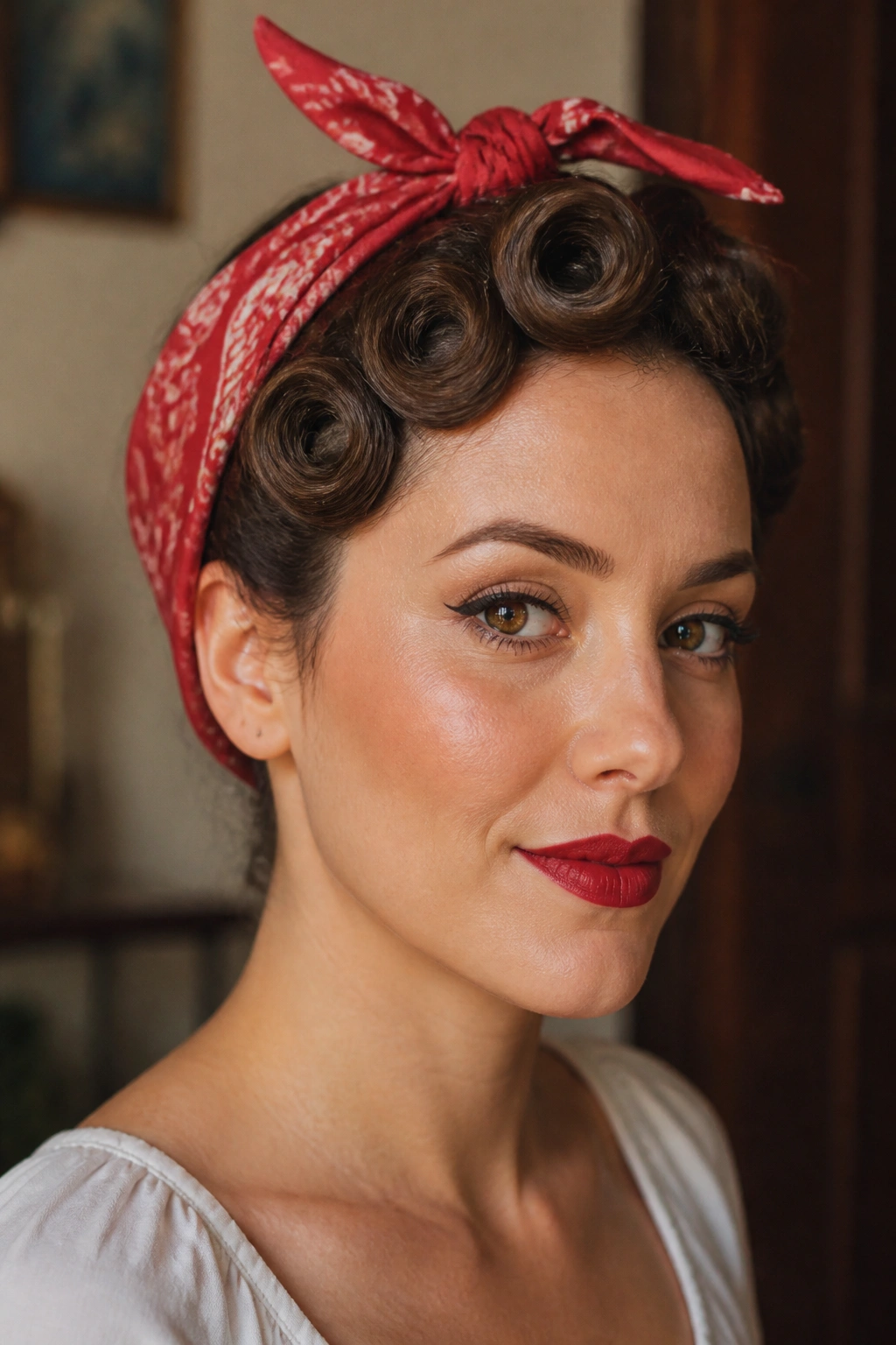 Real woman with bandana and pin curls ready to wear scarf.