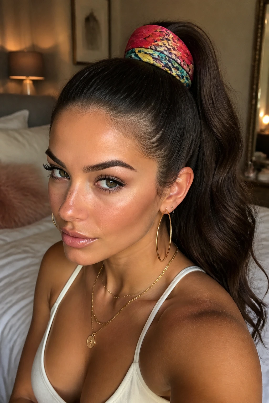 Close-up of a real woman with a bandana-wrapped ponytail in bold Y2K style