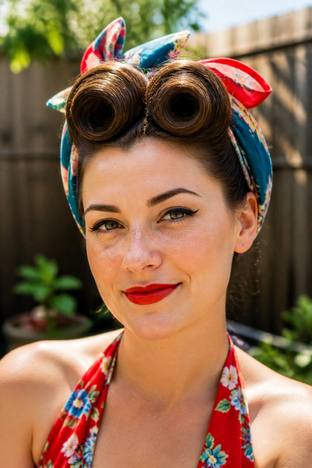 Portrait of a woman with victory rolls framed by a bandana scarf.
