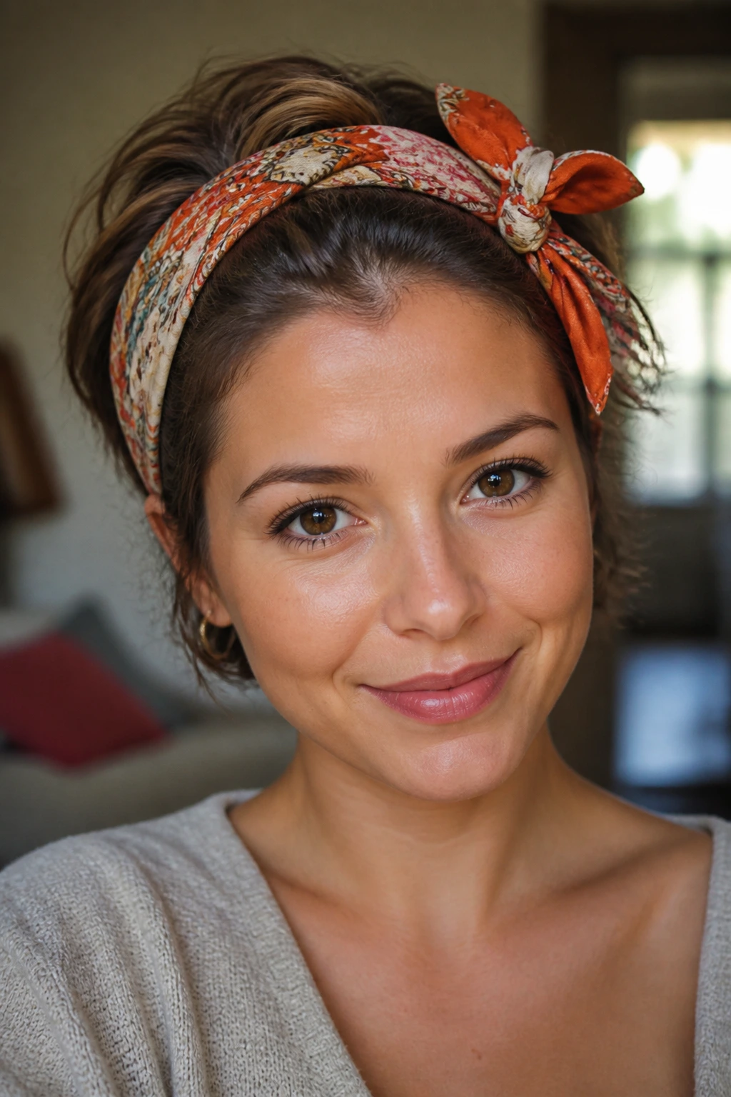Close-up of a real woman wearing a bandana to hide oily roots