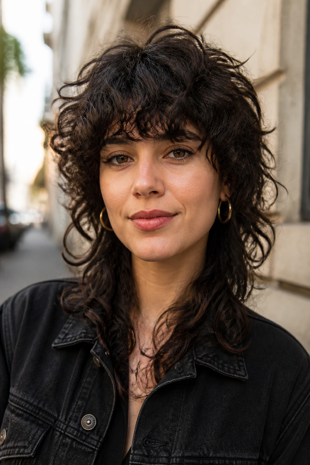 Close-up portrait of real person with bangs-first curly wolf cut outdoors