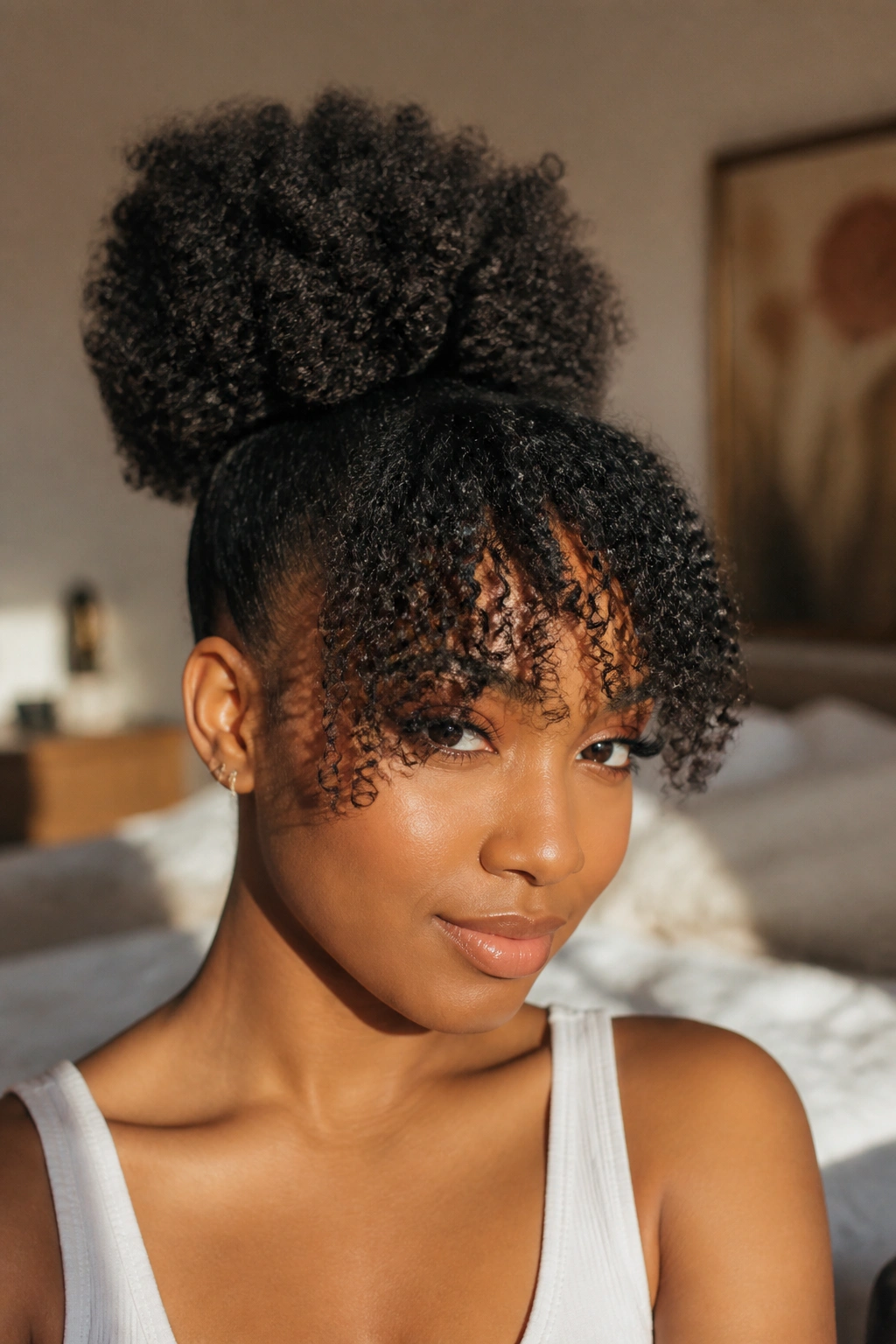 Close-up of a woman with a bang puff framing the eyes