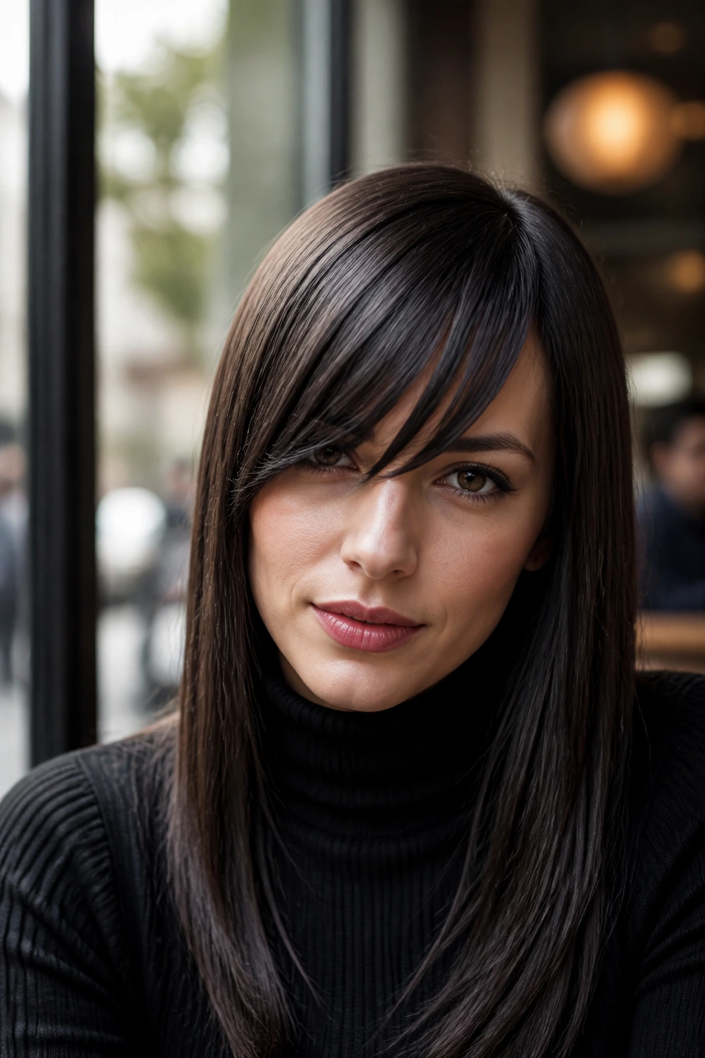 Close-up of a real person with asymmetrical bangs in a sunlit cafe setting