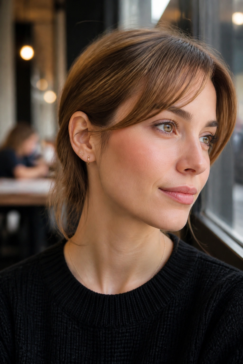 Portrait of a real person with side bangs tucked behind the ear in a cafe setting.