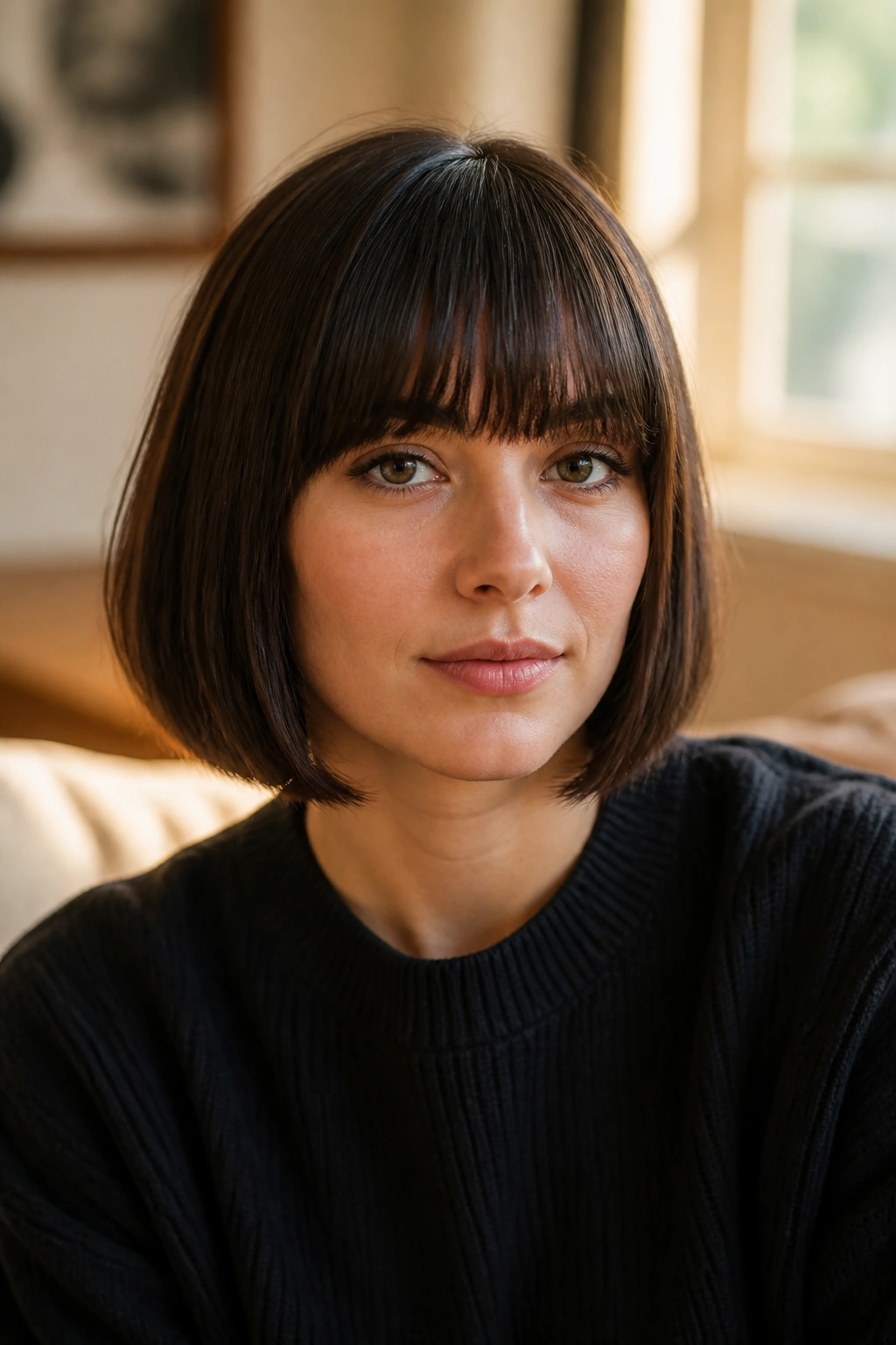 Close-up of a real woman with a bangs-forward bob in a warm-lit living room