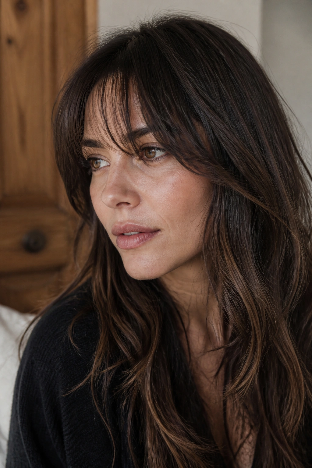 Close-up portrait of a real woman with bangs growing out into soft face-framing layers around brow
