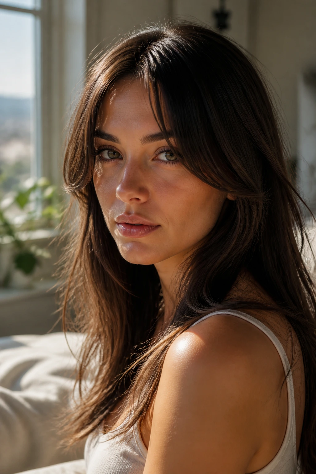 Close-up of a real woman with long face-framing bangs in warm window light