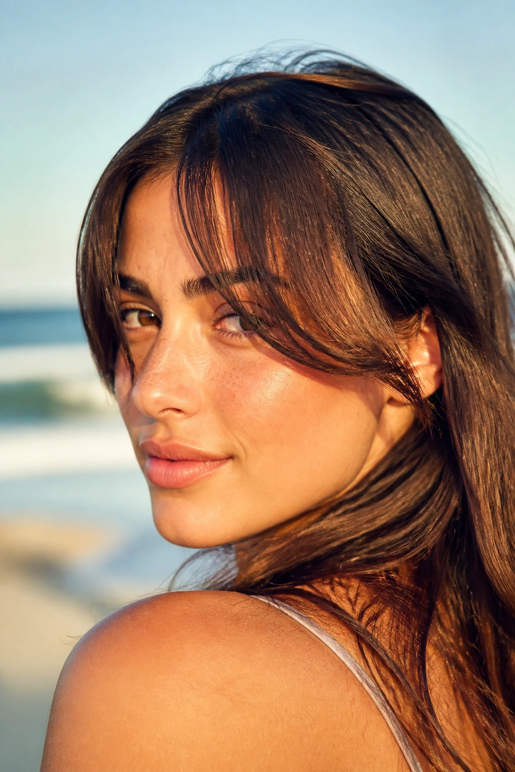 Close-up of a real person with peek-a-boo bangs in a beachy setting