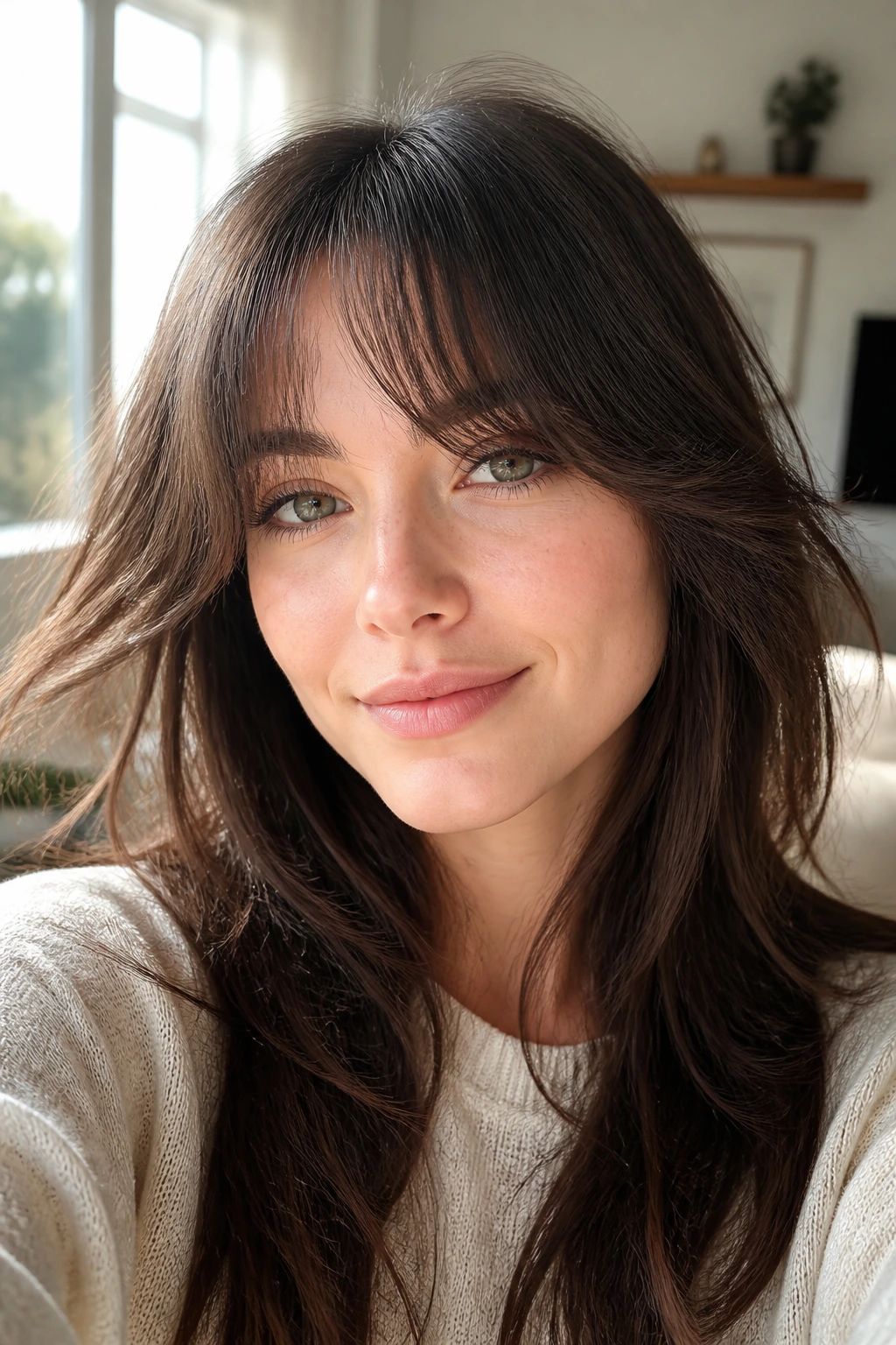 Close-up of a real person with soft layered bangs under bright window light