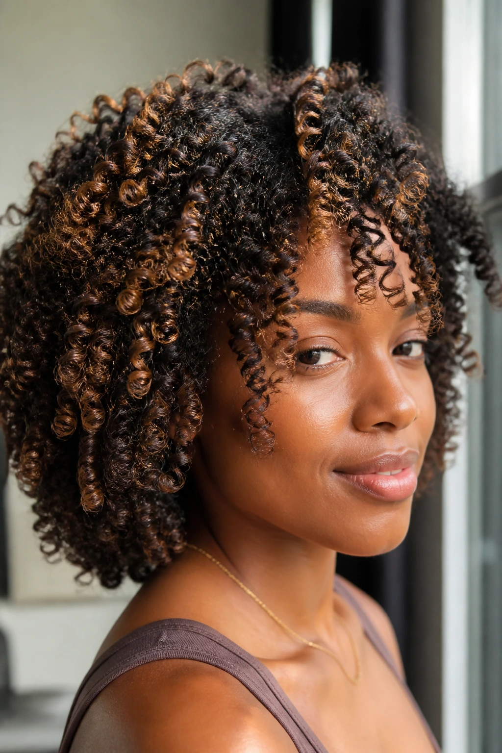 Close-up of Bantu knot-out curls on a real person