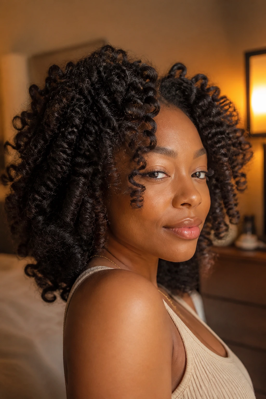 Close-up of a real woman with voluminous curl pattern from a Bantu knot-out