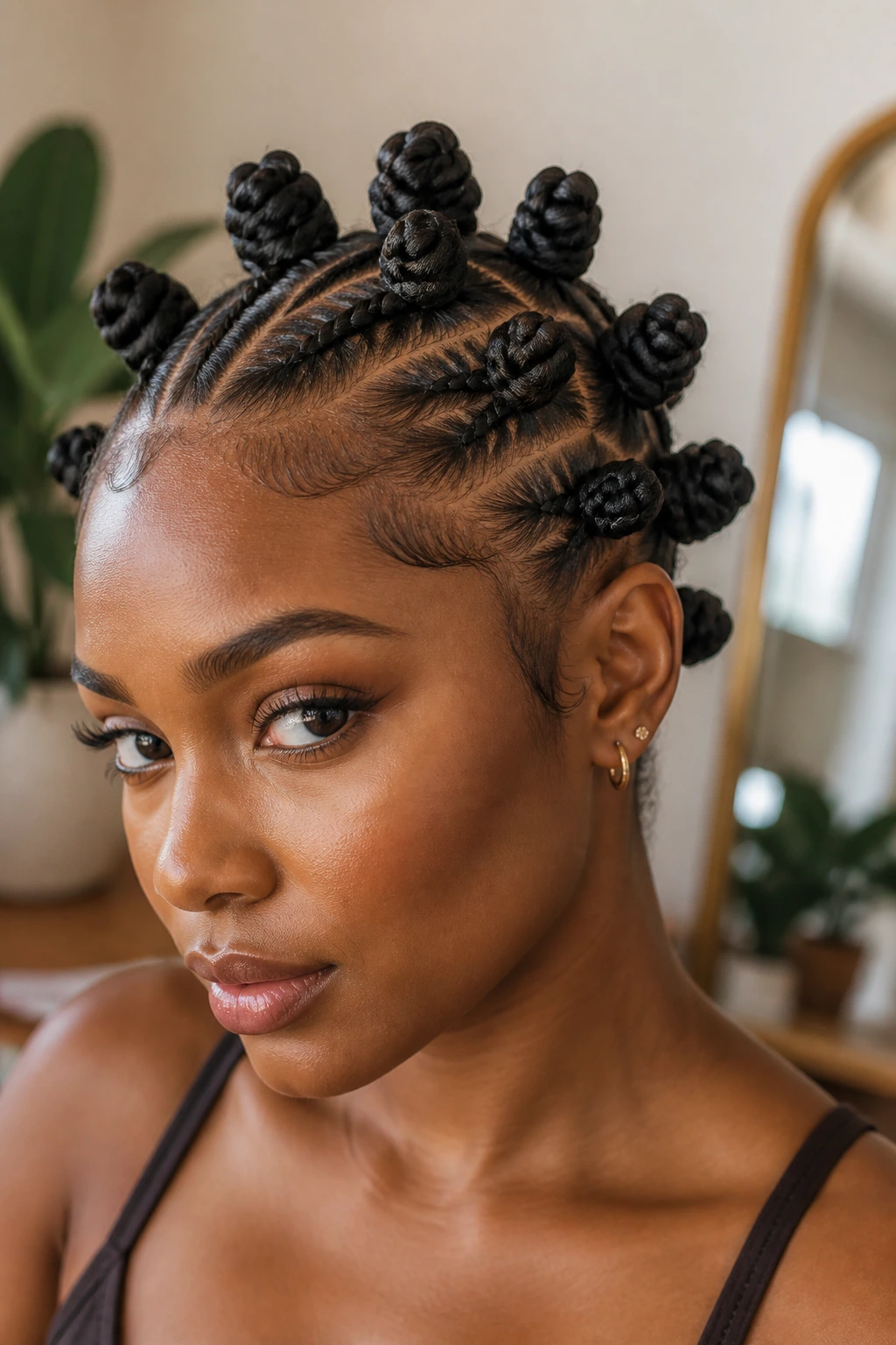 Close-up of a real woman with bantu knots and braided base