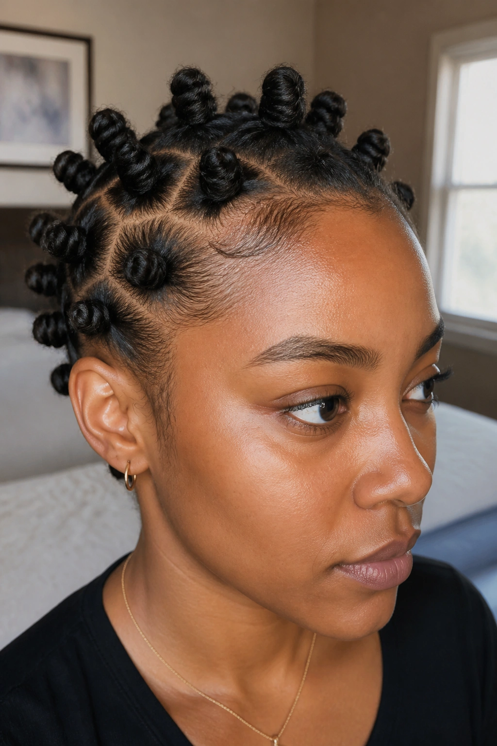 Close-up of a real person with Bantu knots on the scalp