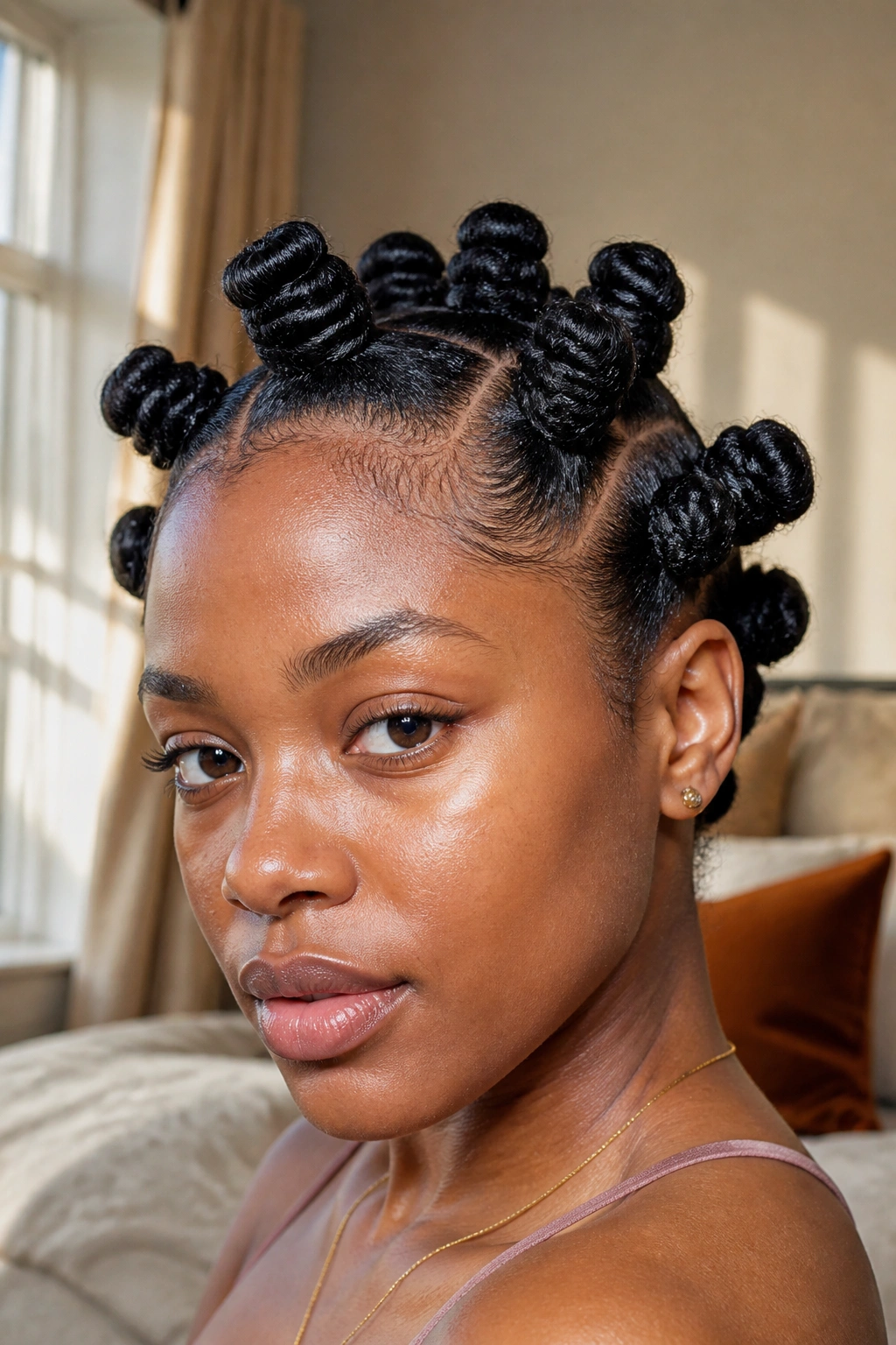 Close-up portrait of a real woman with bantu knots on coily hair, warm window light