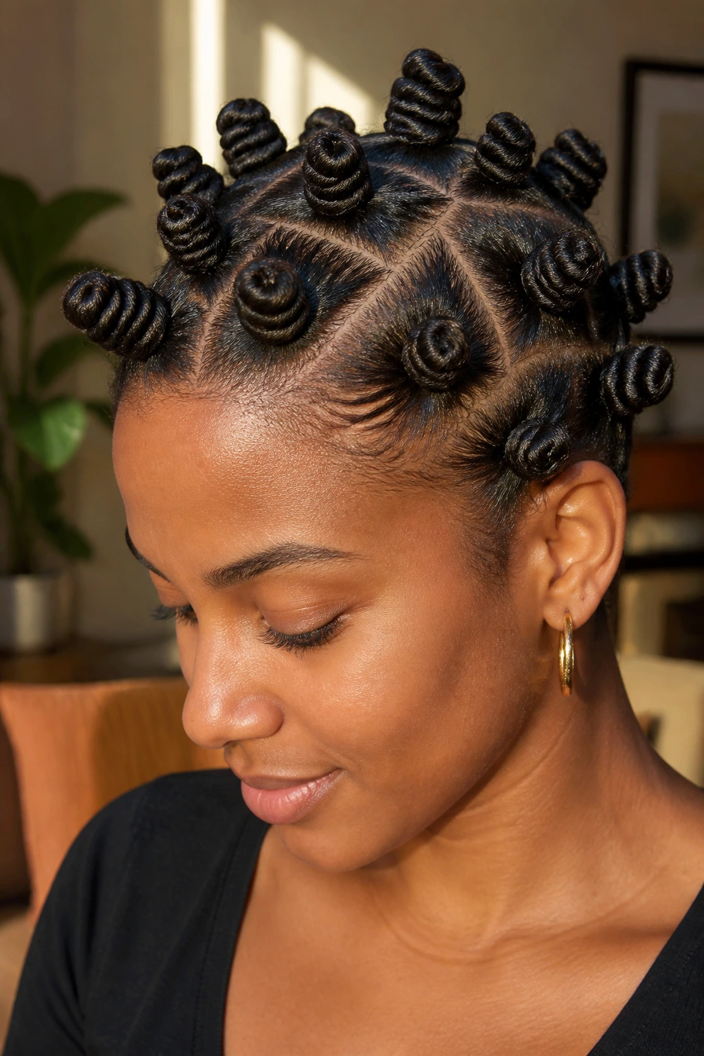 Close-up of a real woman with Bantu knots on the scalp.