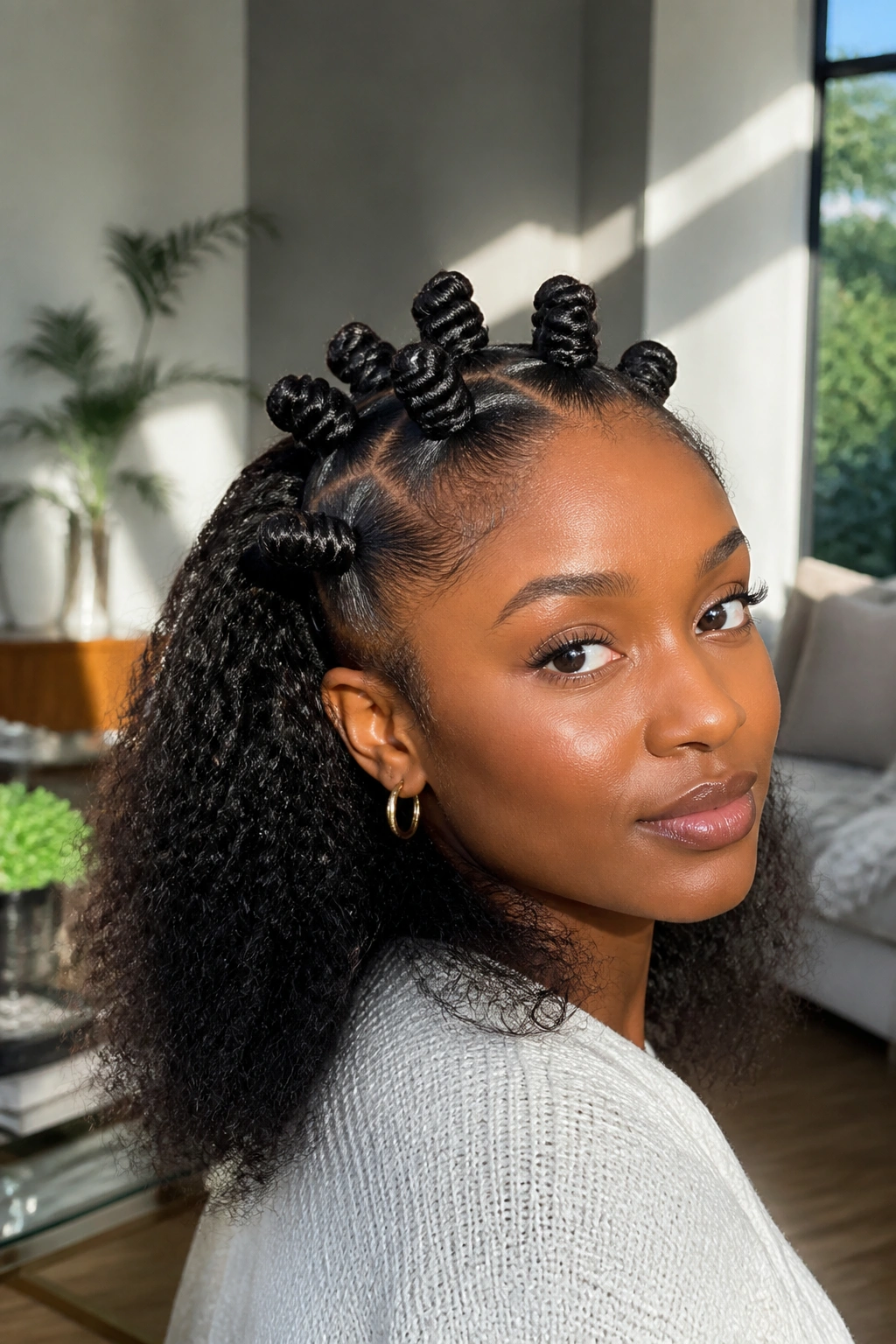 Half-Up, Half-Down Bantu Knots close-up on a real person with top knots and loose back hair.
