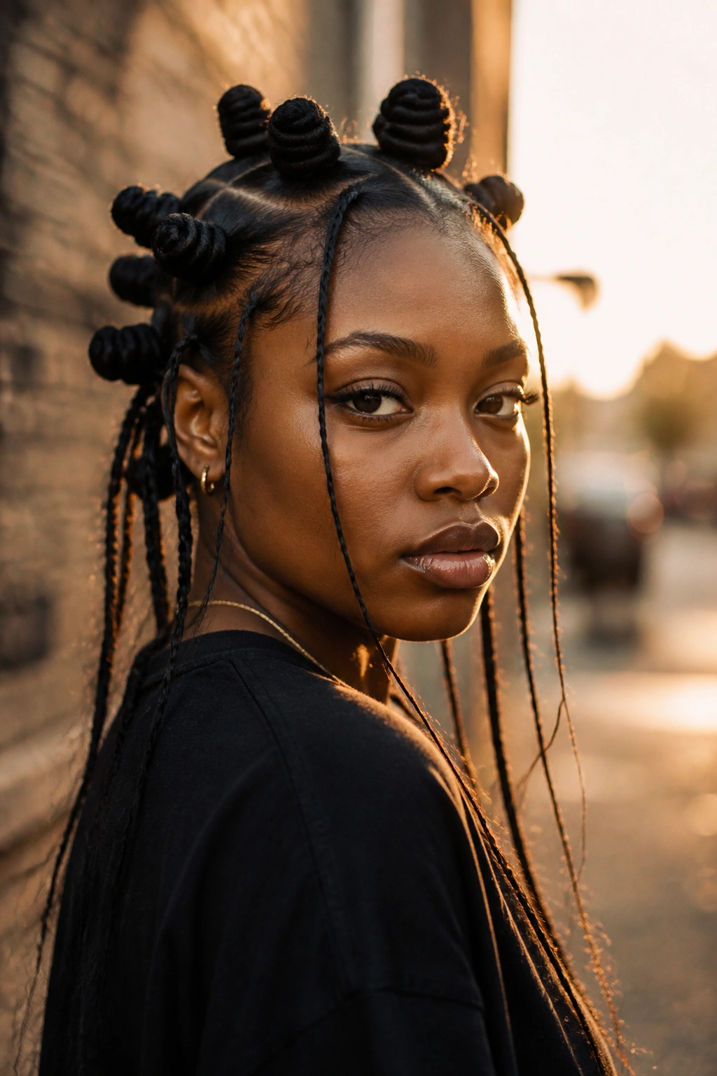 Close-up portrait of a real woman with Bantu knots and hanging length.