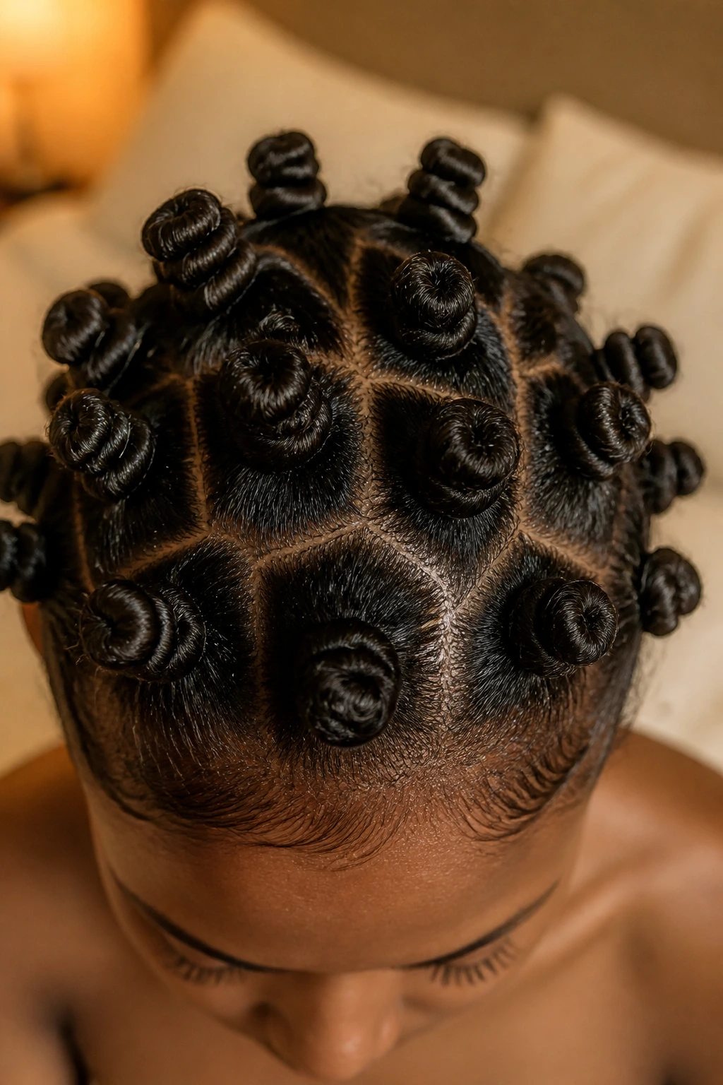 Top-down close-up of real person with heatless Bantu knots across scalp