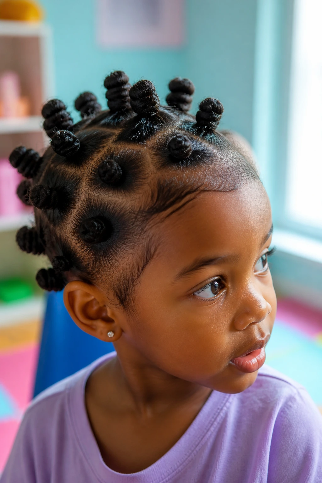 Close-up of Bantu knots on a real child's scalp in a bright playroom