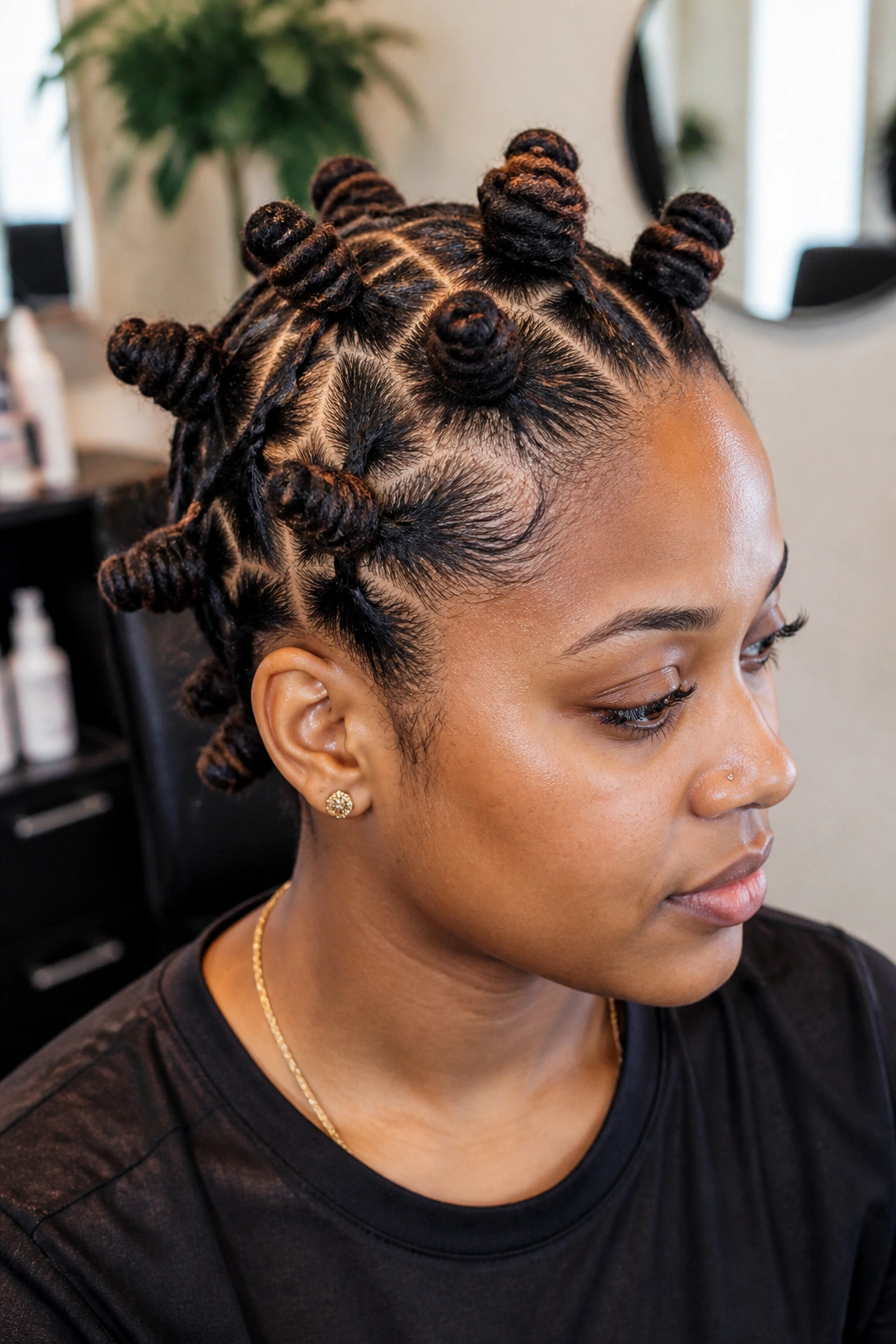 Close-up of bantu knots on locs