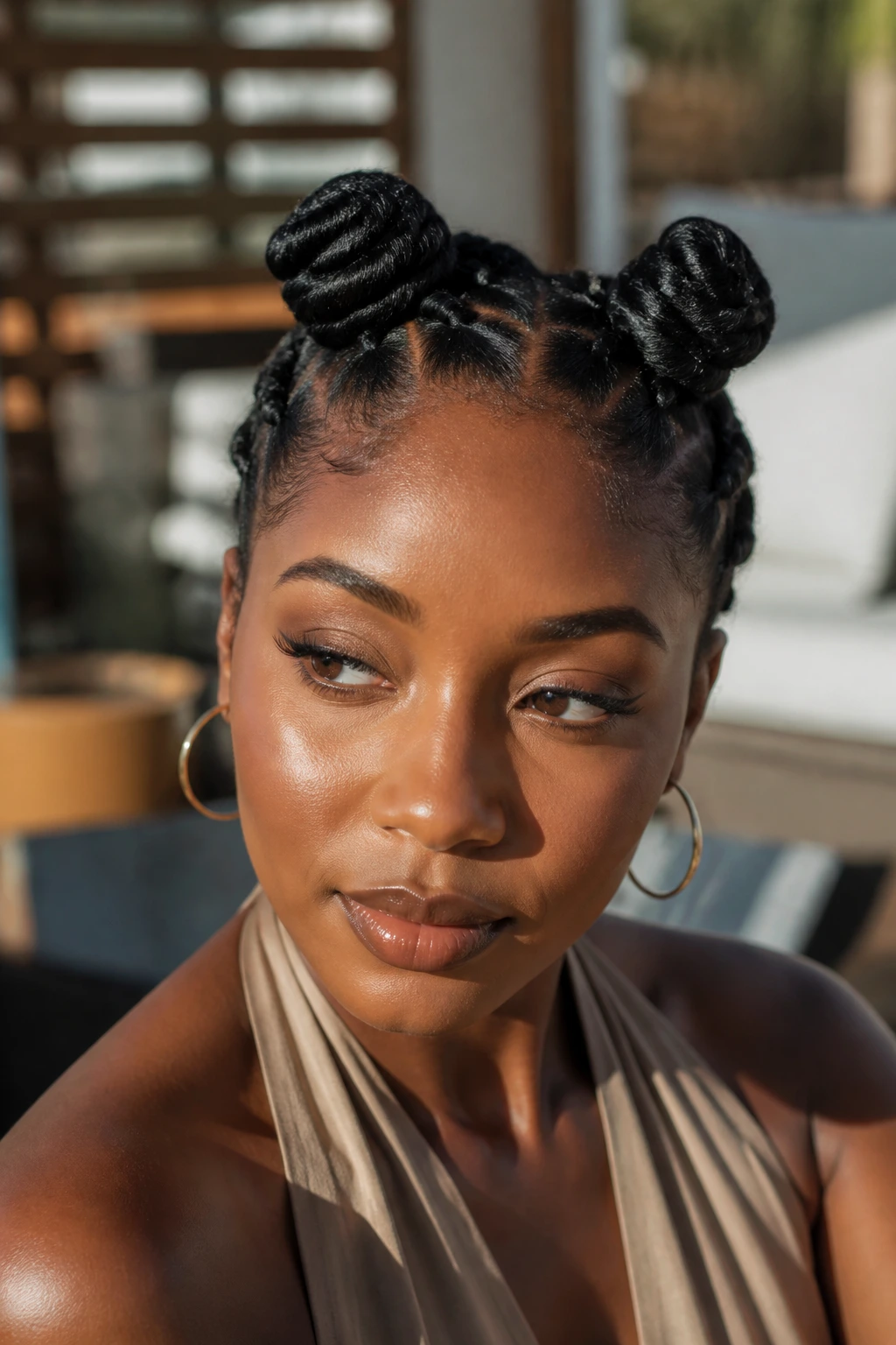 Real person with two bantu knots on the crown
