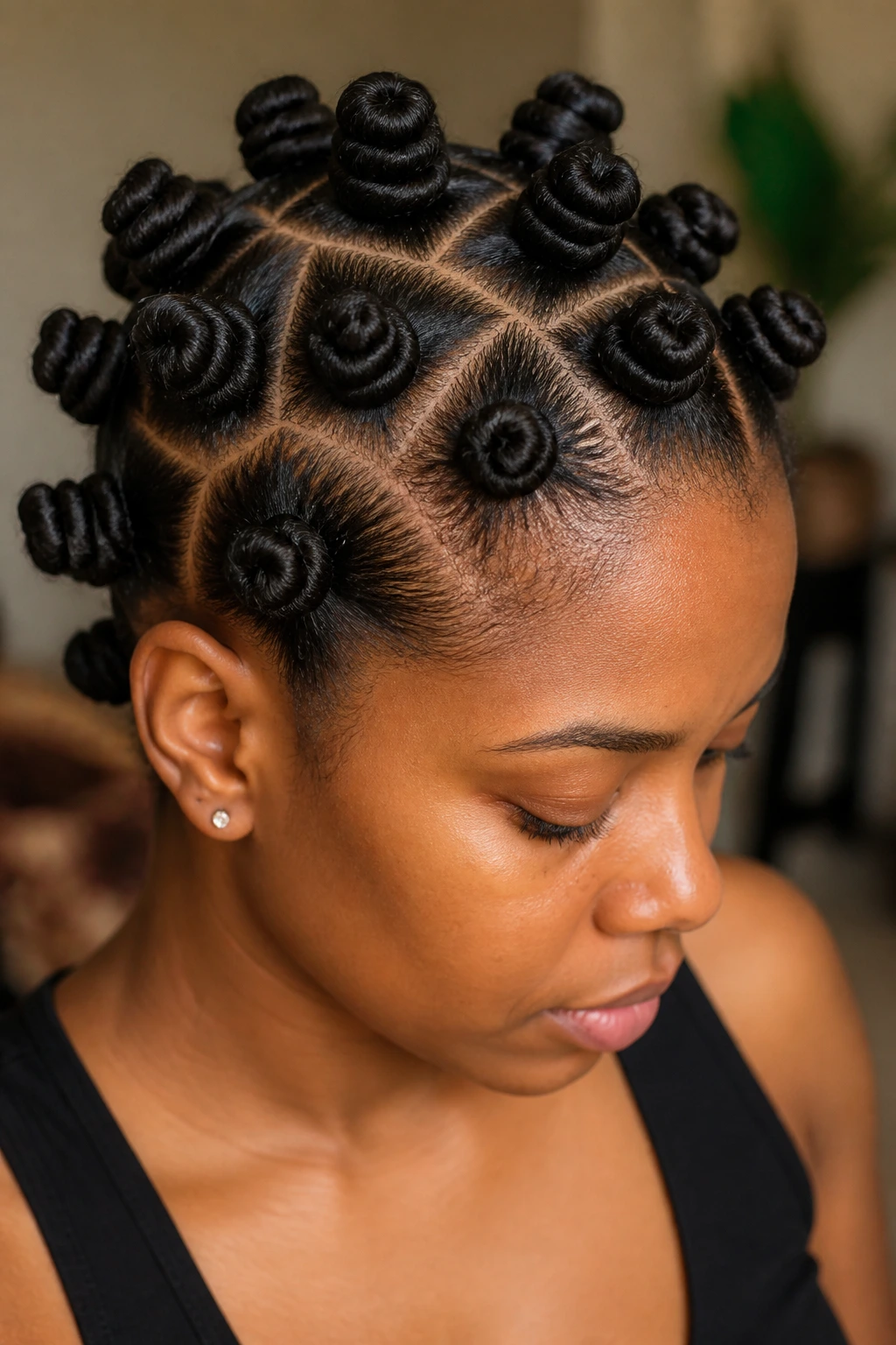 Close-up of a real woman with Bantu knots across her scalp